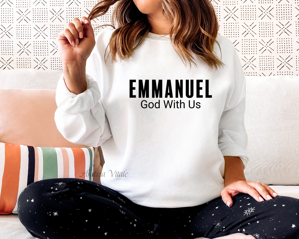 Emmanuel God With Us with Black Text - Gildan 18000 White - Sky Angel Cafe