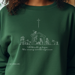 Load image into Gallery viewer, A Thrill of Hope, A Weary World Rejoices with Stable White Text - Gildan 18000 Forest Green - Andrea Vitale - Sky Angel Cafe
