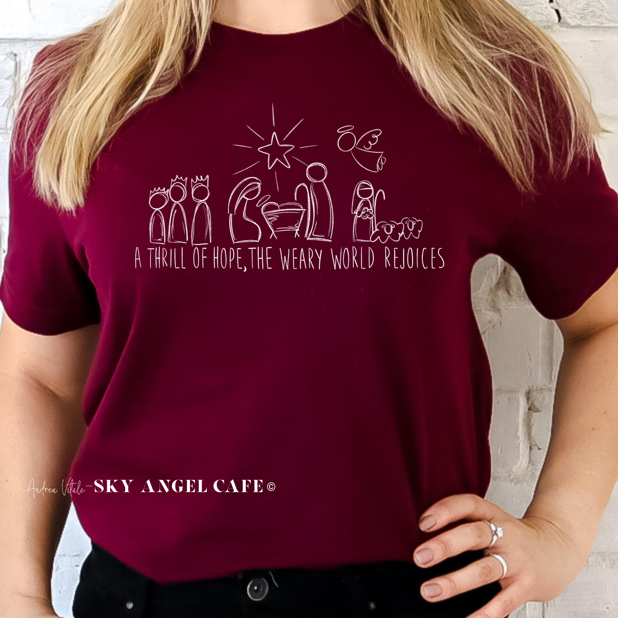 A Thrill of Hope, A Weary World Rejoices with White Text - BC 3001 Dark Maroon - Andrea Vitale - Sky Angel Cafe