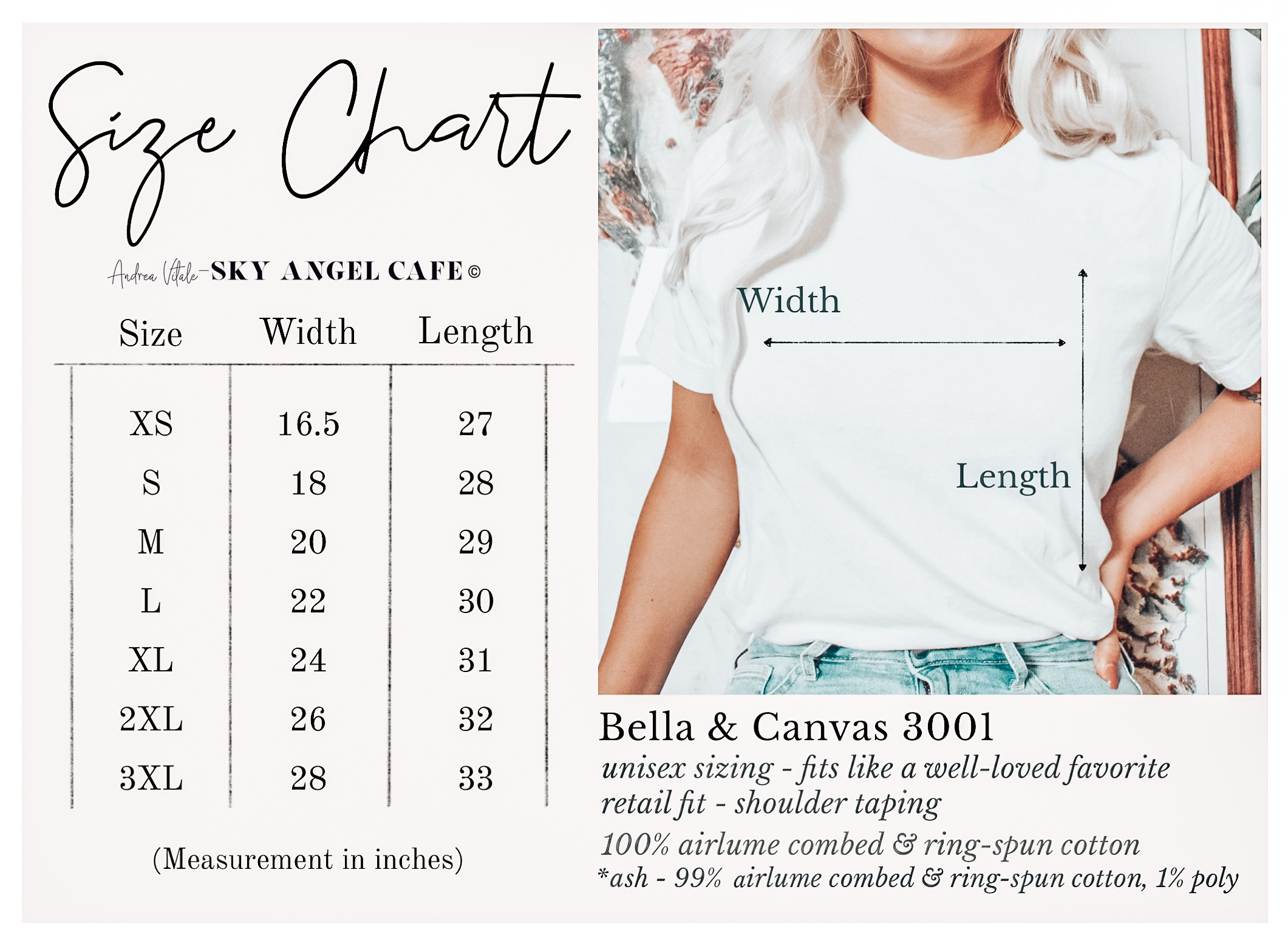 B+C 3001 Size Chart - XS-3XL - Andrea Vitale - Sky Angel Cafe