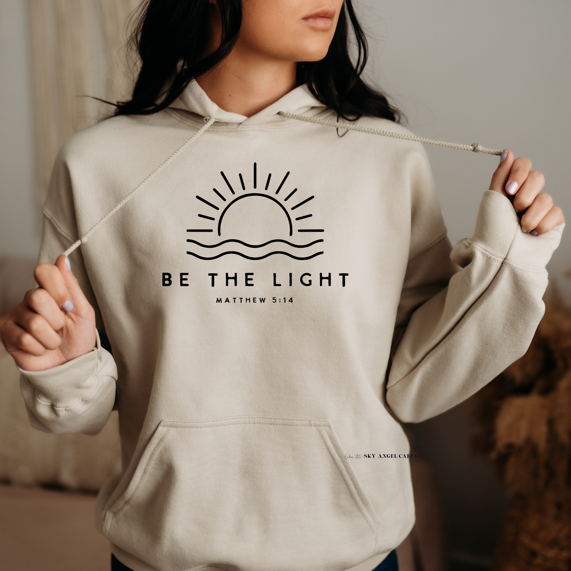 Be The Light with Sun Matthew 5 14 - Black Text - Sand Gildan 18500 - Sky Angel Cafe.png