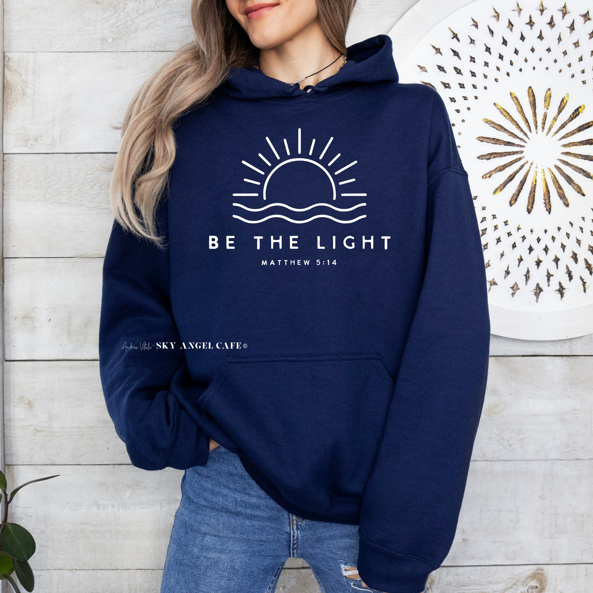 Be The Light with Sun Matthew 514-White Text -Navy Gildan 18500 SkyAngelCafe