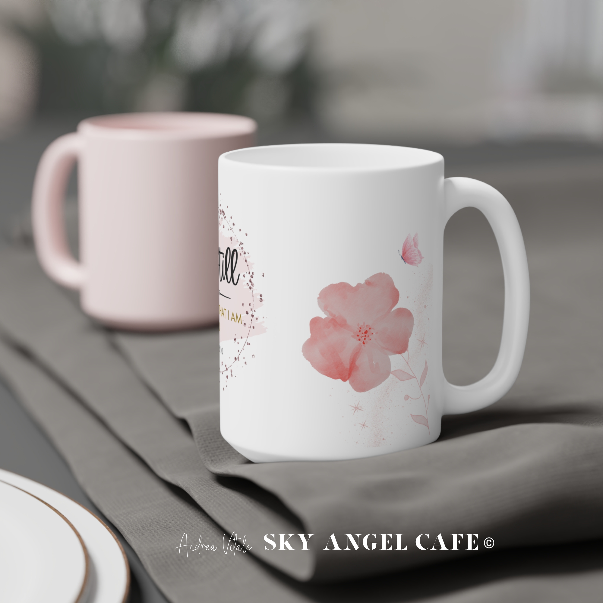 Be_Still_And_Know_That_I_Am_God_-_Coffee_Mug_Left_Side_with_Tea_Towel_and_Pink_Mug_-_Sky_Angel_Cafe