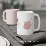 Load image into Gallery viewer, Be_Still_And_Know_That_I_Am_God_-_Coffee_Mug_Left_Side_with_Tea_Towel_and_Pink_Mug_-_Sky_Angel_Cafe
