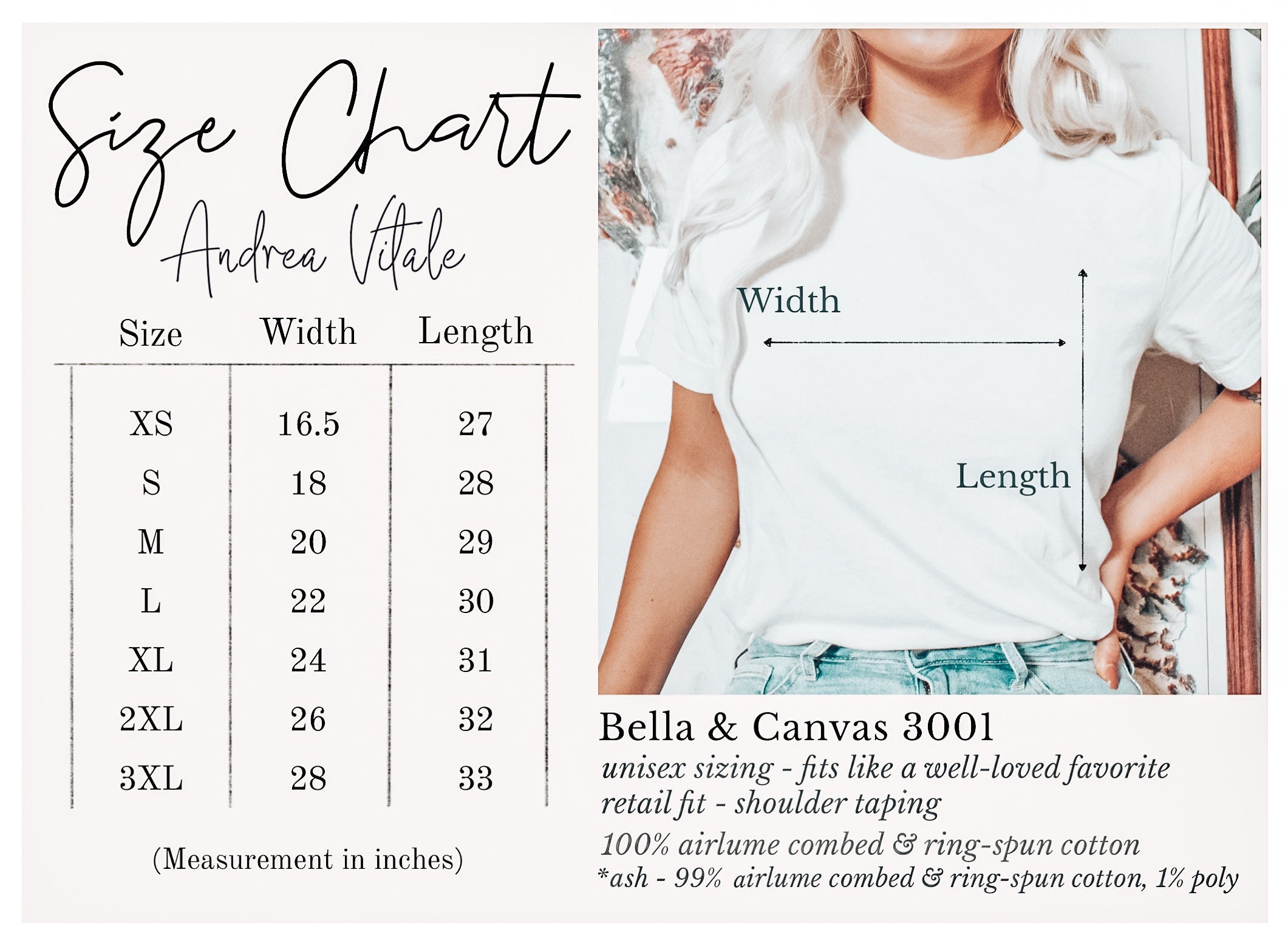 Bella + Canvas Size Chart 3001 XS to 3XL - Andrea Vitale - Sky Angel Cafe