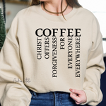 Load image into Gallery viewer, COFFEE_-_Christ_Offers_Forgiveness_For_Everyone_Everywhere_with_Black_Text_-_Gildan_18000_Sand_-_Sky_Angel_Cafe
