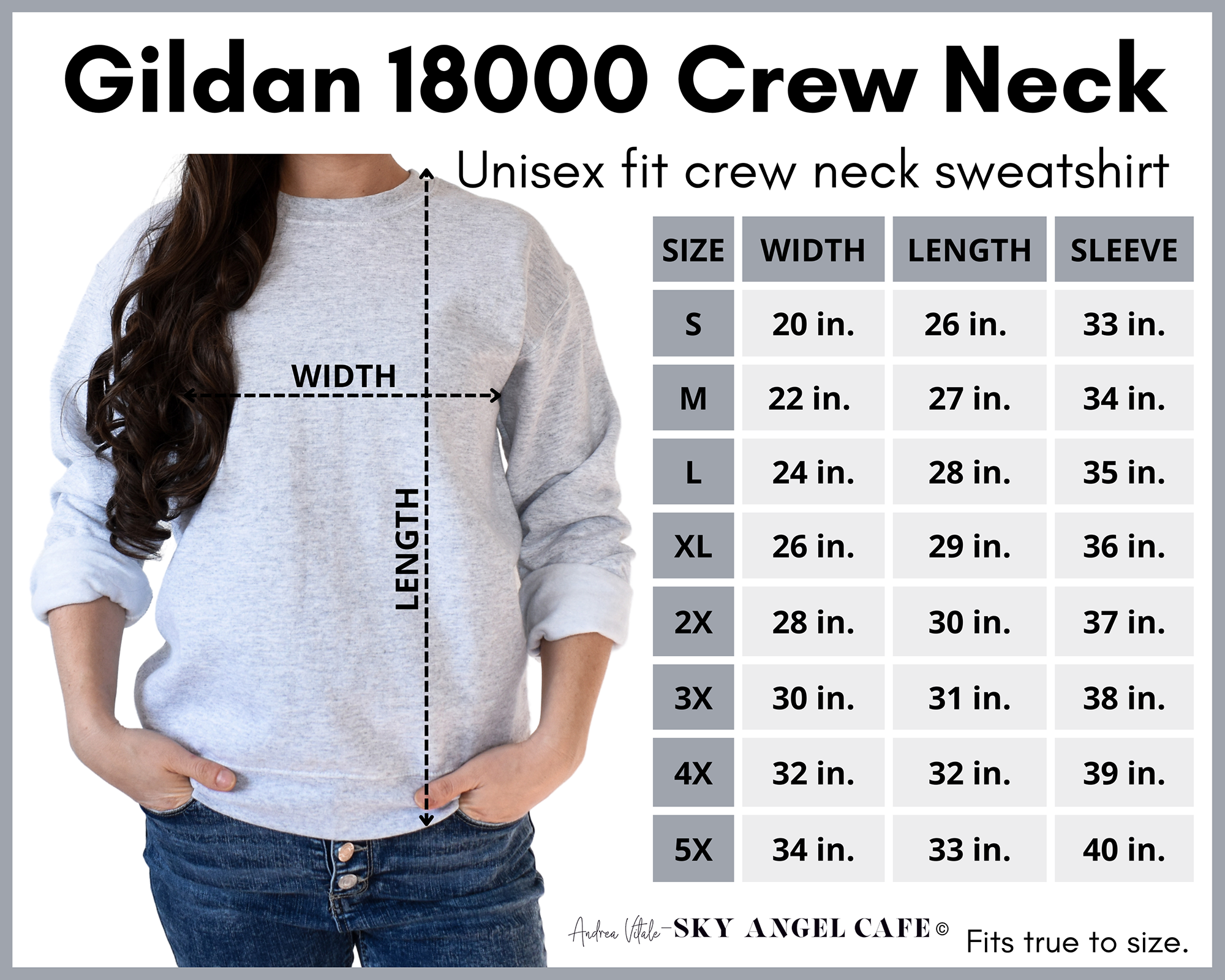 Copyright Gildan 18000 Size Chart S- 5XL - Sky Angel Cafe