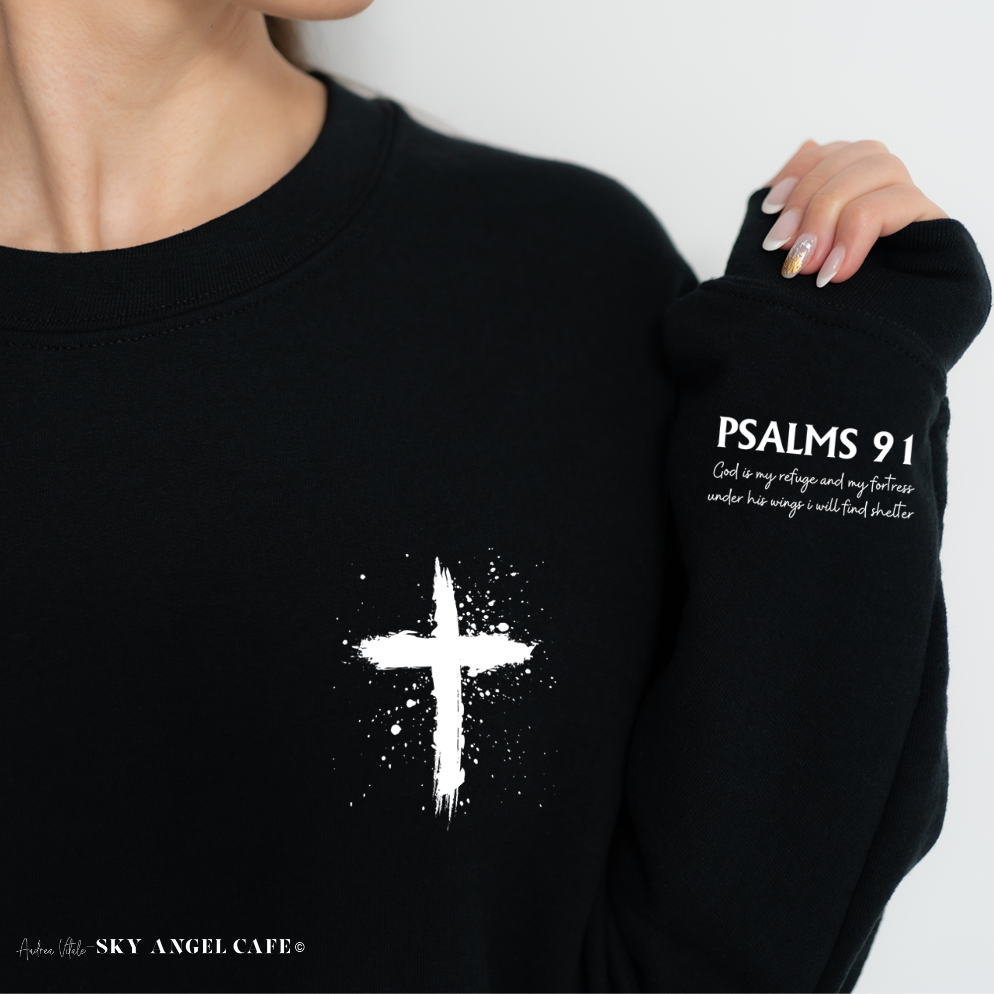 Cross with Psalms91 White Text Sleeve - Black G18000-Sky Angel Cafe