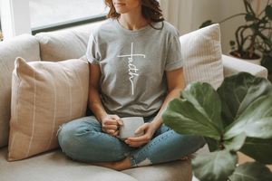 Faith with Cross with White Text - B+C 3001 Athletic Heather - Sky Angel Cafe - July 2023