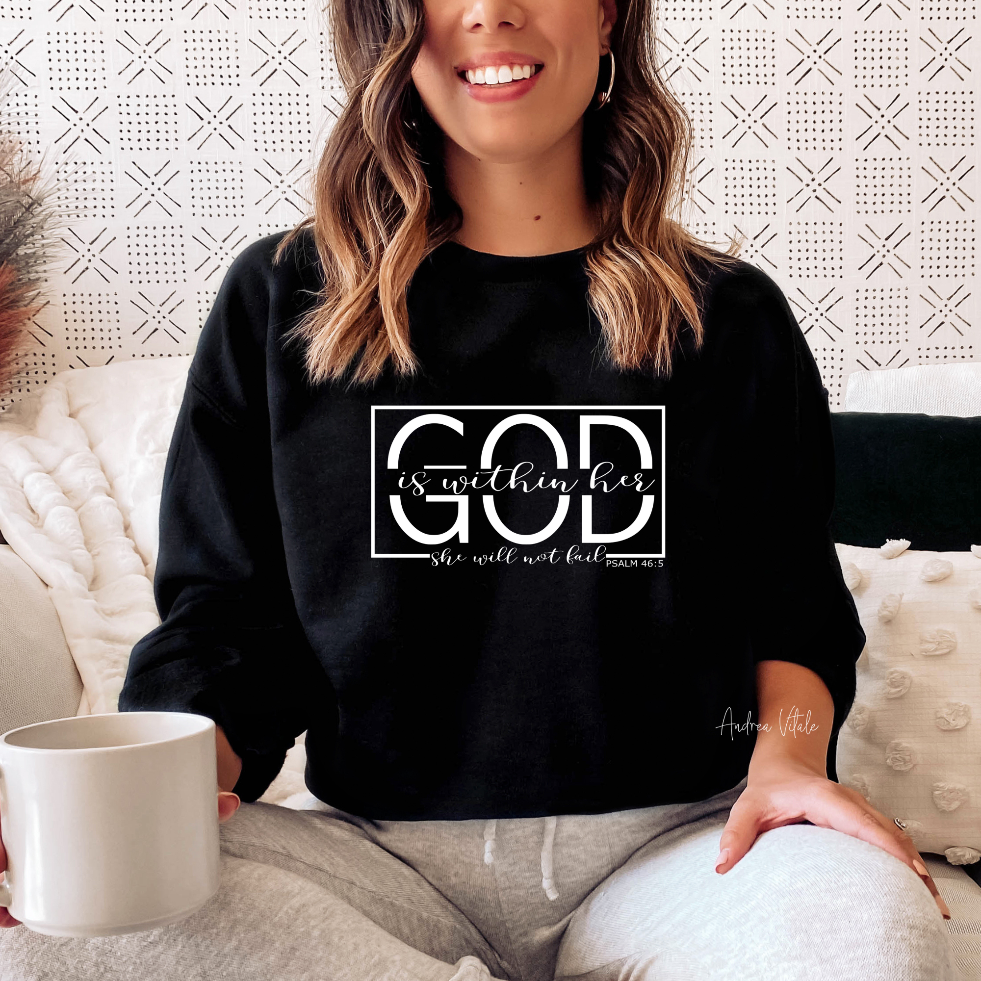 God Is Within Her She Will Not Fail Psalm 46 5 with White Text - Gildan 18000 Black - Sky Angel Cafe