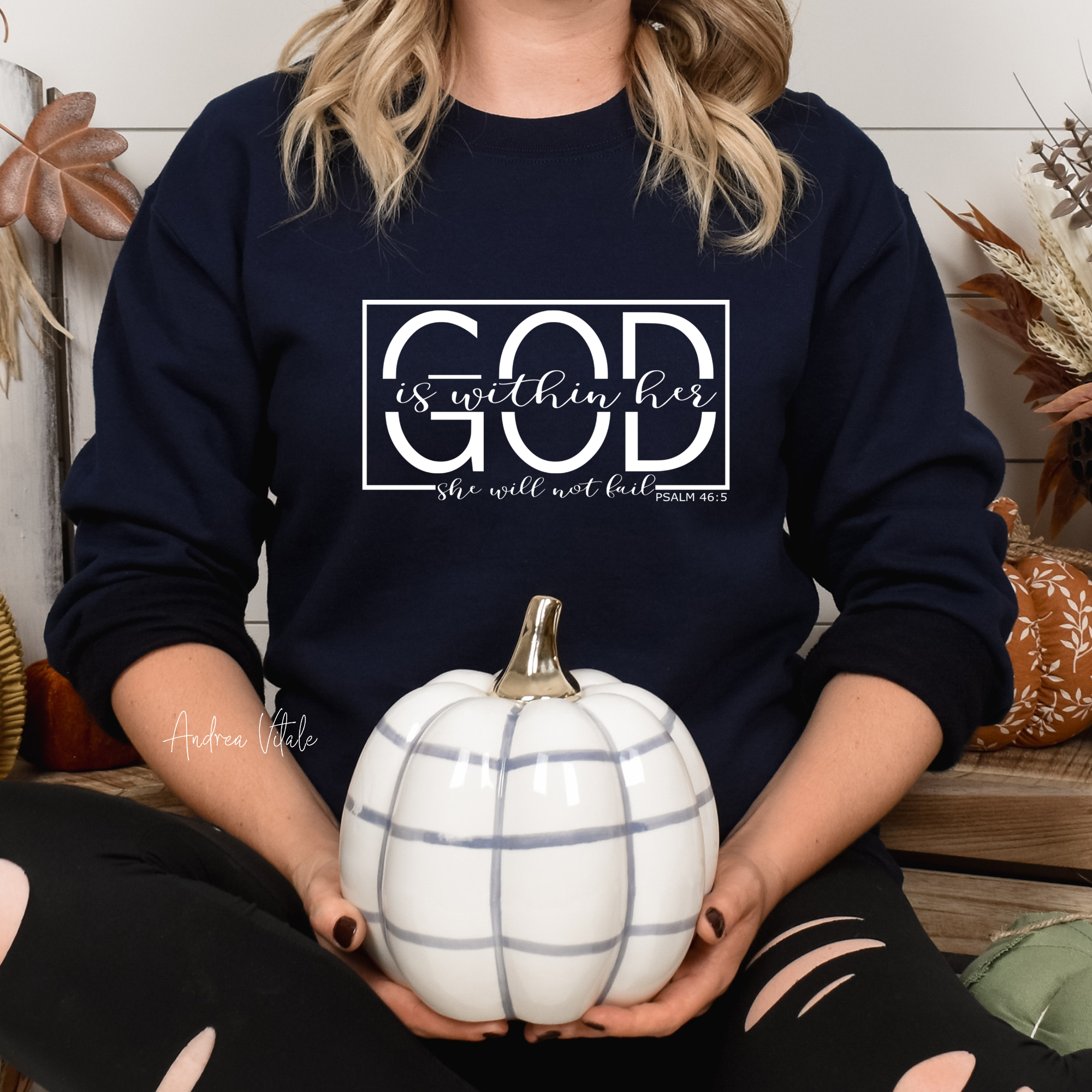 God Is Within Her She Will Not Fail Psalm 46 5 with White Text - Gildan 18000 Navy - Sky Angel Cafe 