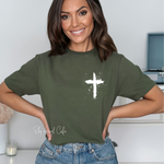 Load image into Gallery viewer, Left Chest Cross White - Military Green Gildan G640 - Sky Angel Cafe
