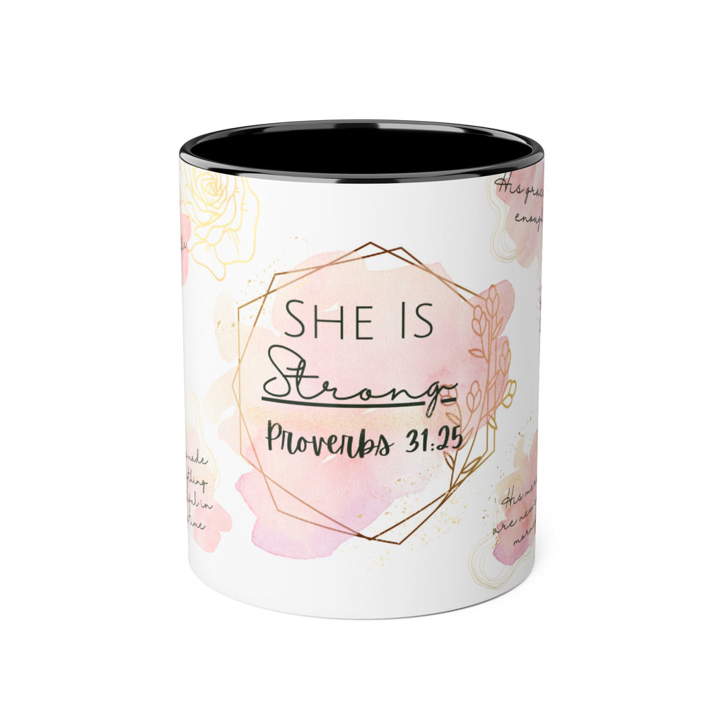 She Is Strong - Proverbs 31:25 Black Front Accent Mugs 11oz - Sky Angel Cafe