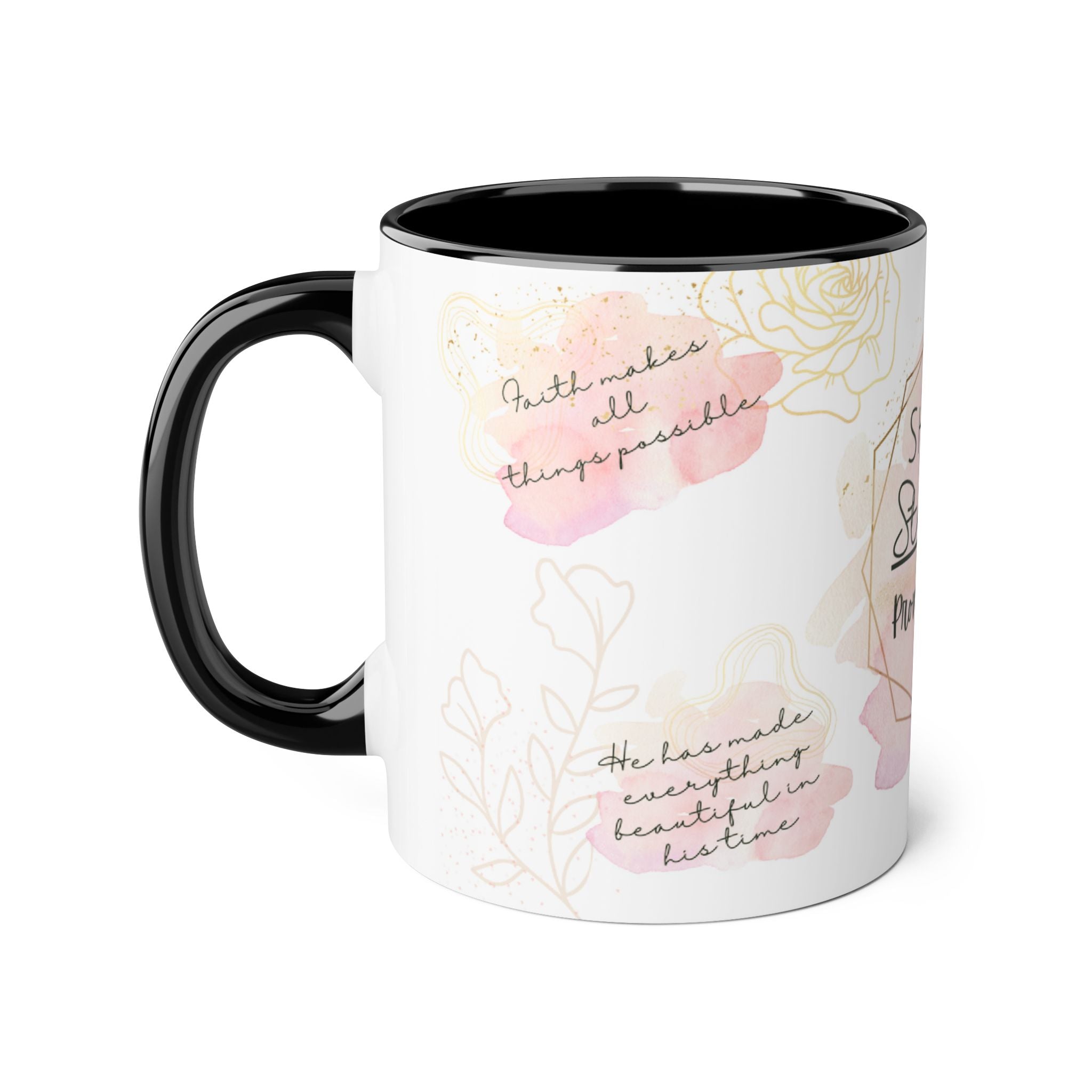 She Is Strong - Proverbs 31:25 Black Left Accent Mugs 11oz - Sky Angel Cafe