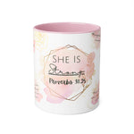 Load image into Gallery viewer, She Is Strong - Proverbs 31:25 Pink Front Accent Mugs 11oz - Sky Angel Cafe
