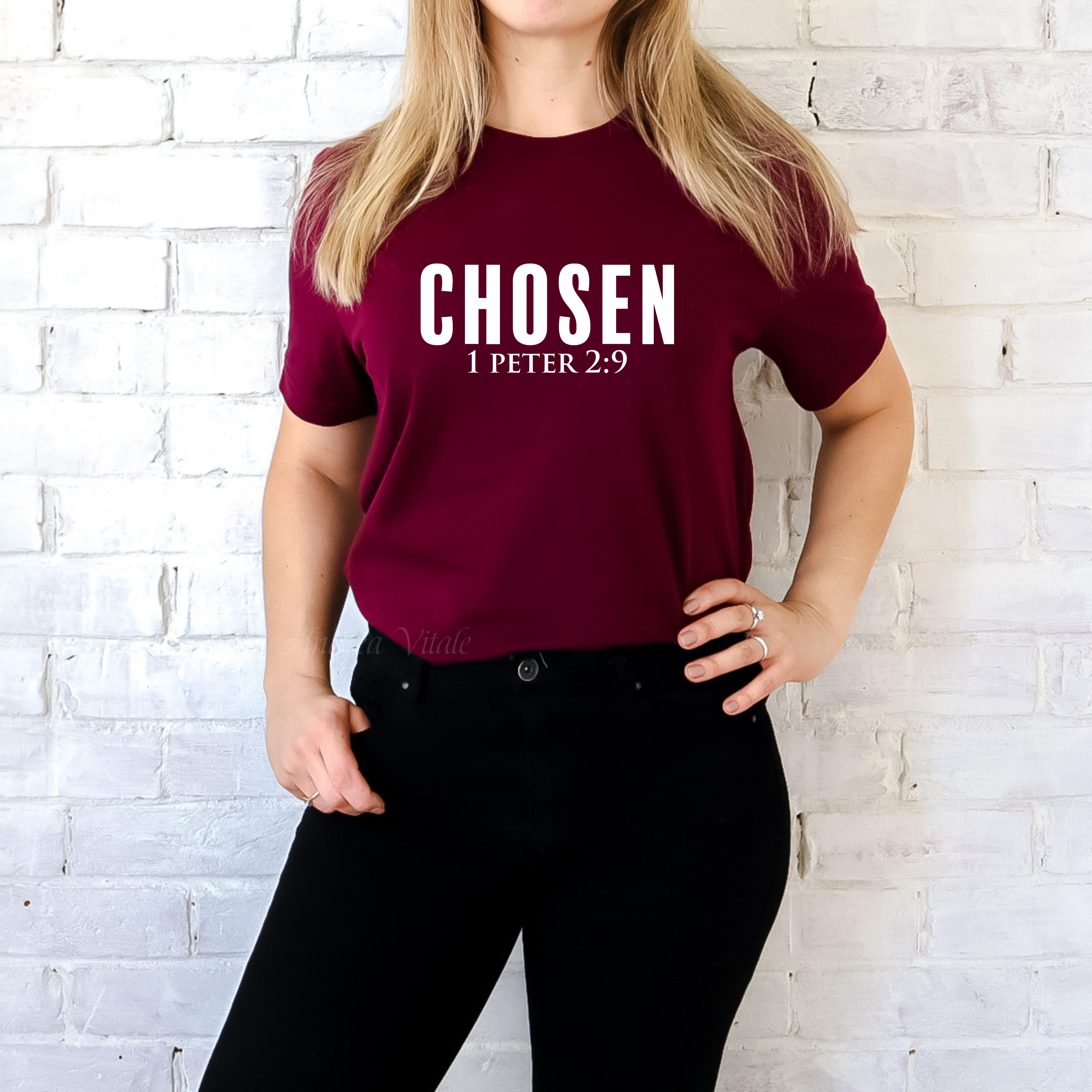 CHOSEN 1 Peter 2:9 Maroon Bella Canvas 3001 with White Text Sky Angel Cafe