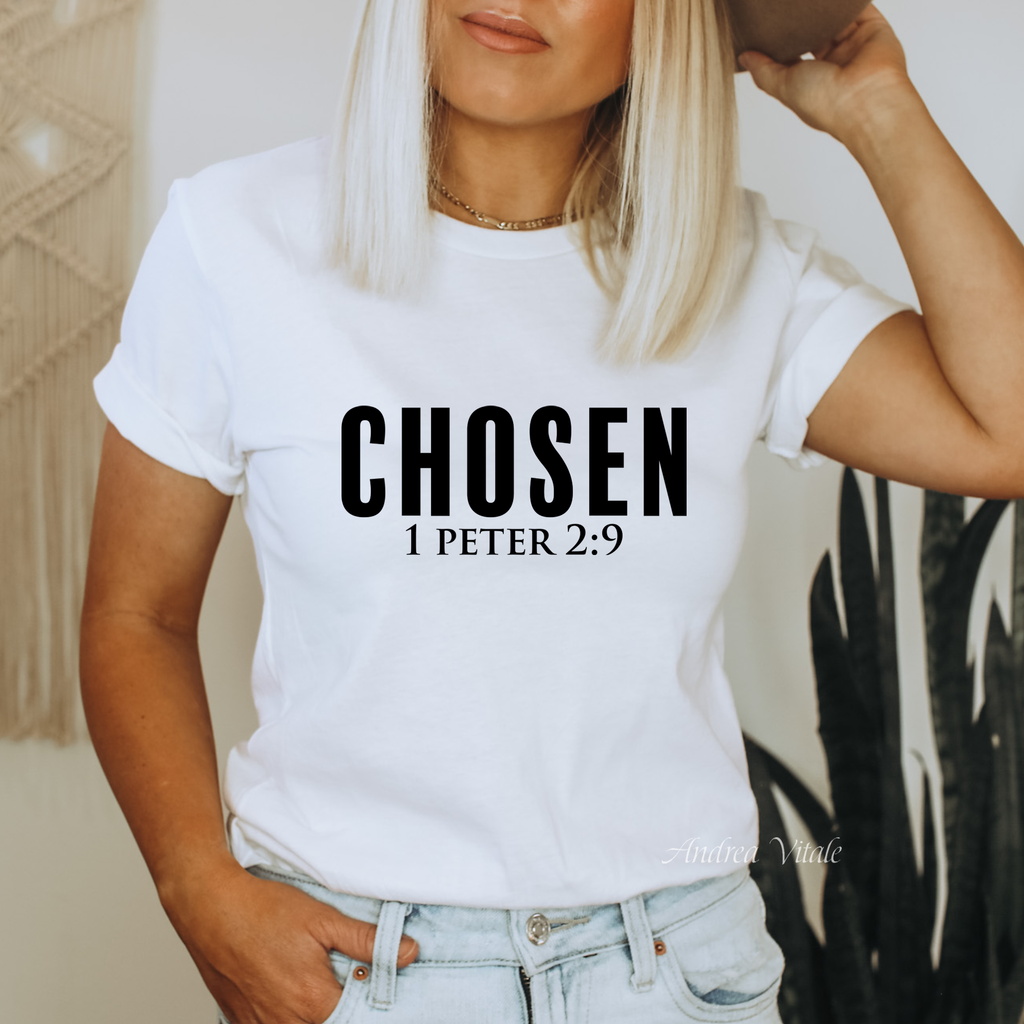 Chosen 1 Peter 2 T-Shirt White Bella + Canvas with Black Text  Sky Angel Cafe