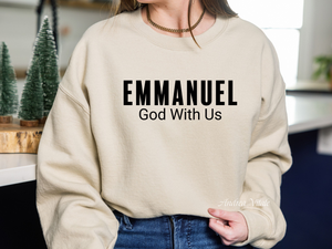 Emmanuel God With Us Bible Verse with Black Text - Gildan 18000 Sand - Sky Angel Cafe