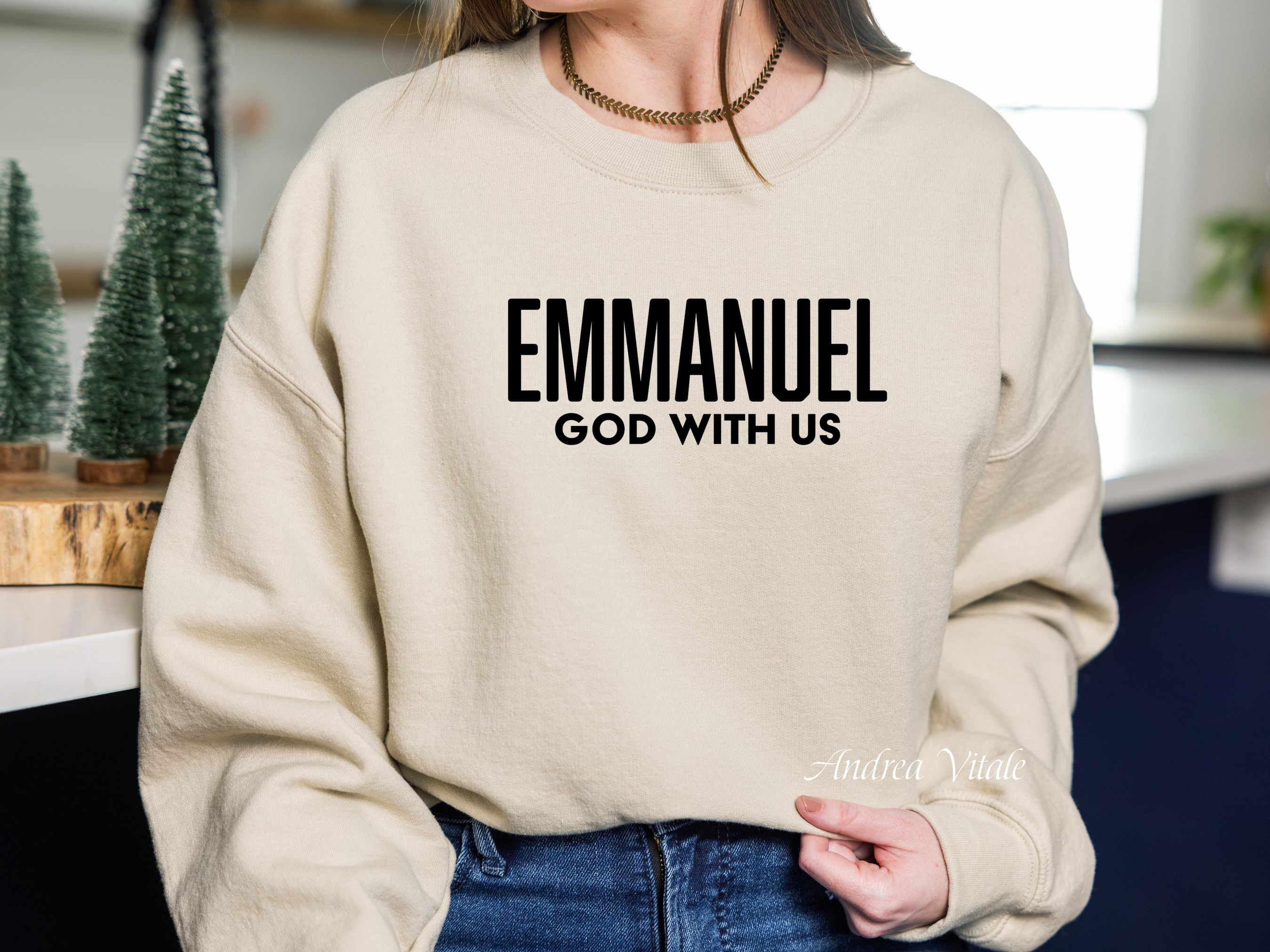 Emmanuel God With Us Bible Verse with Black Text - Gildan 18000 Sand - Sky Angel Cafe