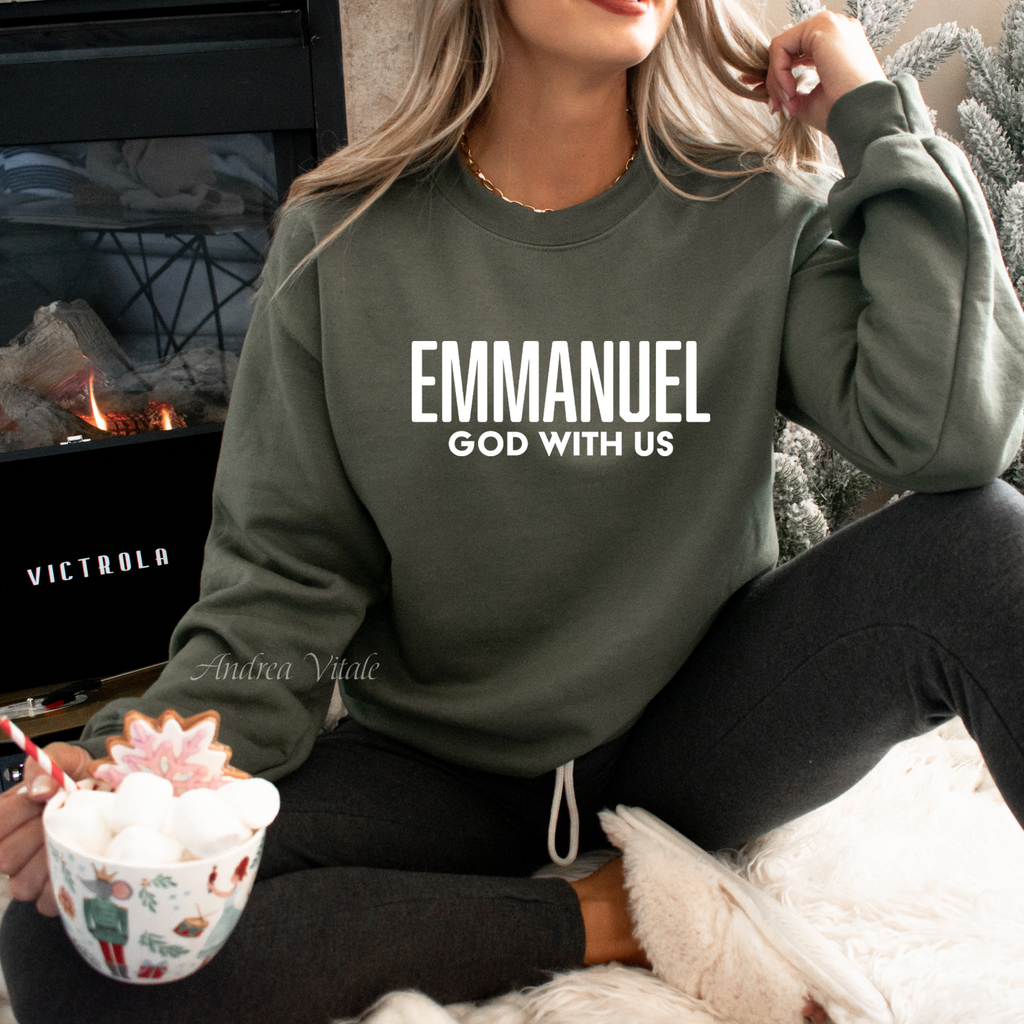 Emmanuel God With Us with White Text Gildan 18000 Military Green - Sky Angel Cafe