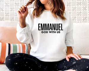 Emmanuel God With Us with Black Text Gildan 18000 White - Sky Angel Cafe