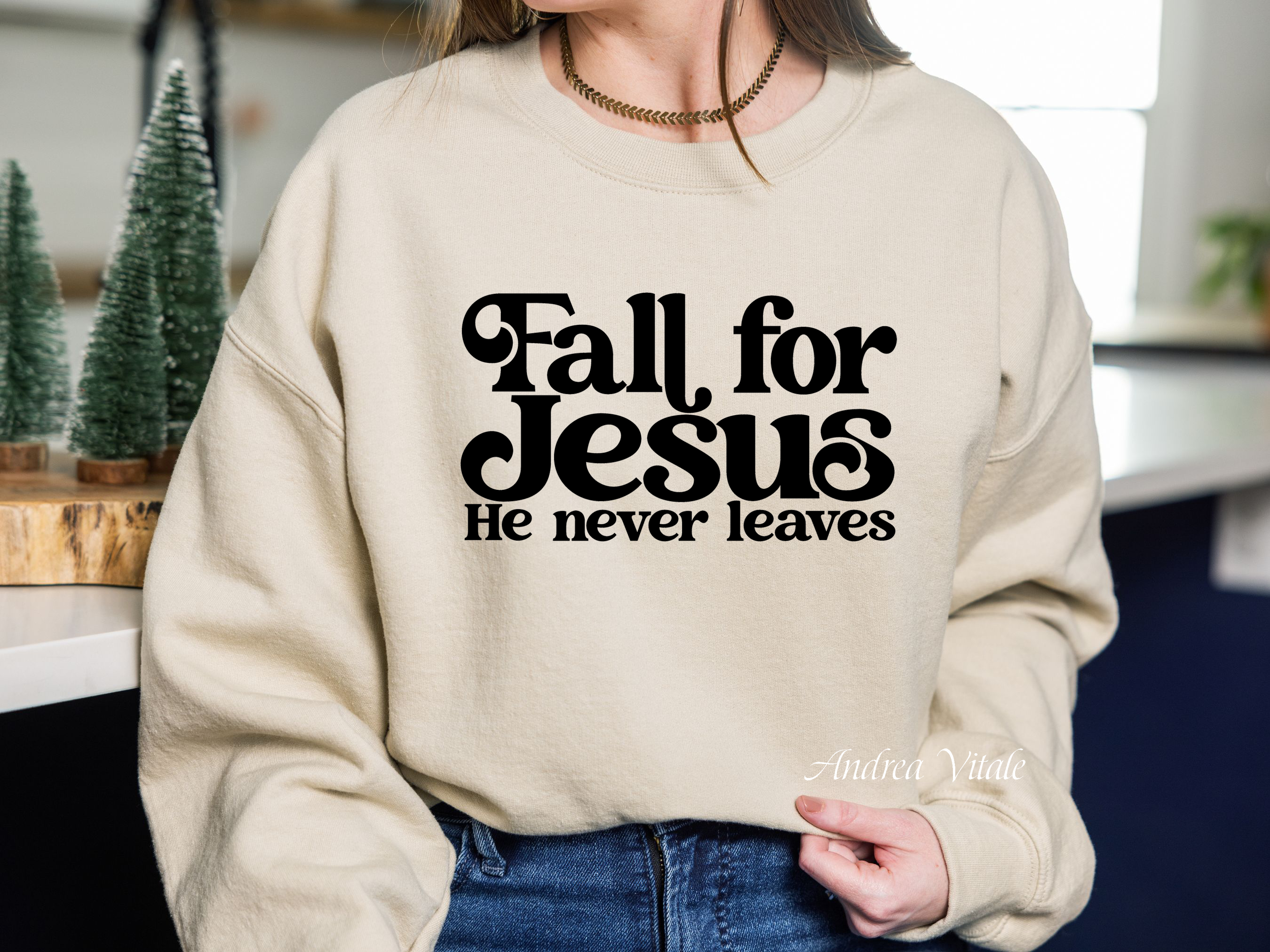 Fall For Jesus He Never Leaves Retro with Black Text - Gildan 18000 Sand - Sky Angel Cafe