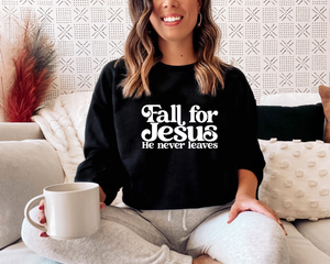 Fall for Jesus He Never Leaves Retro with White Text - Gildan 18000 Black - Sky Angel Cafe