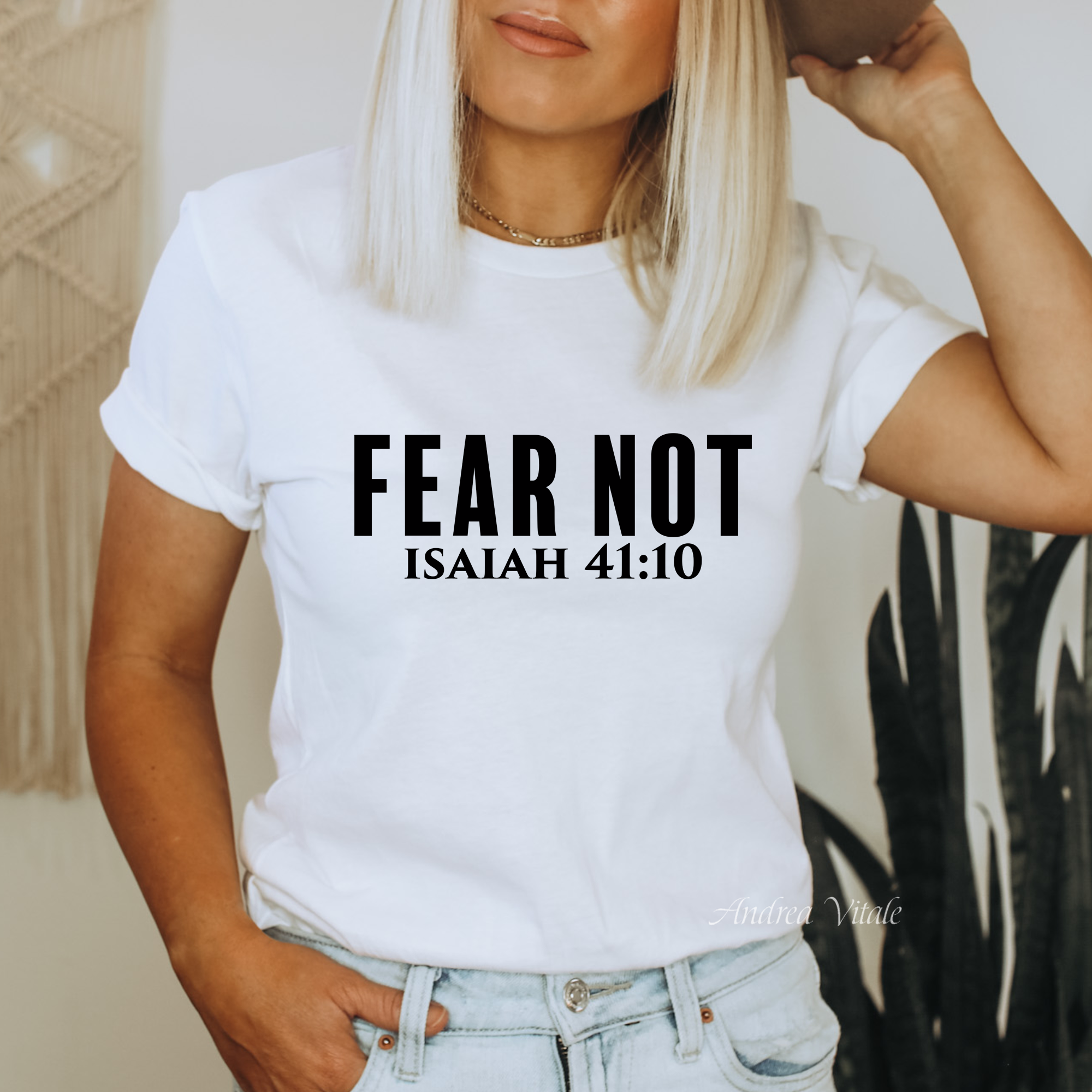 Fear Not Isaiah 41:10 White Bella Canvas 3001 with Black Text Sky Angel Cafe