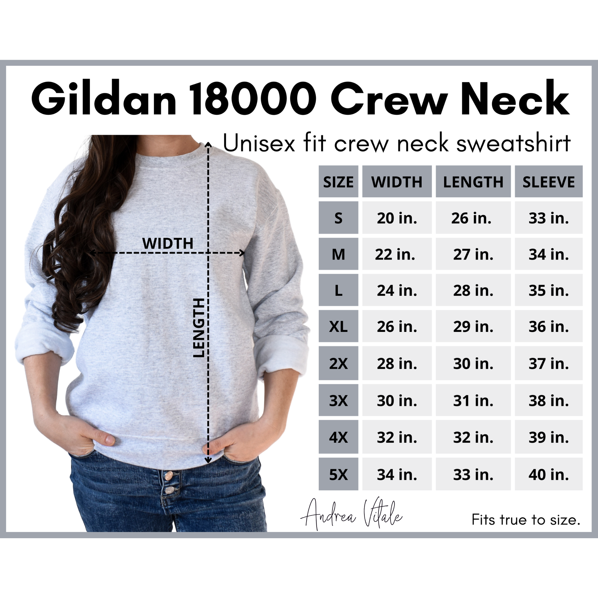 Gildan 18000 Size Chart S to 5XL - Sky Angel Cafe