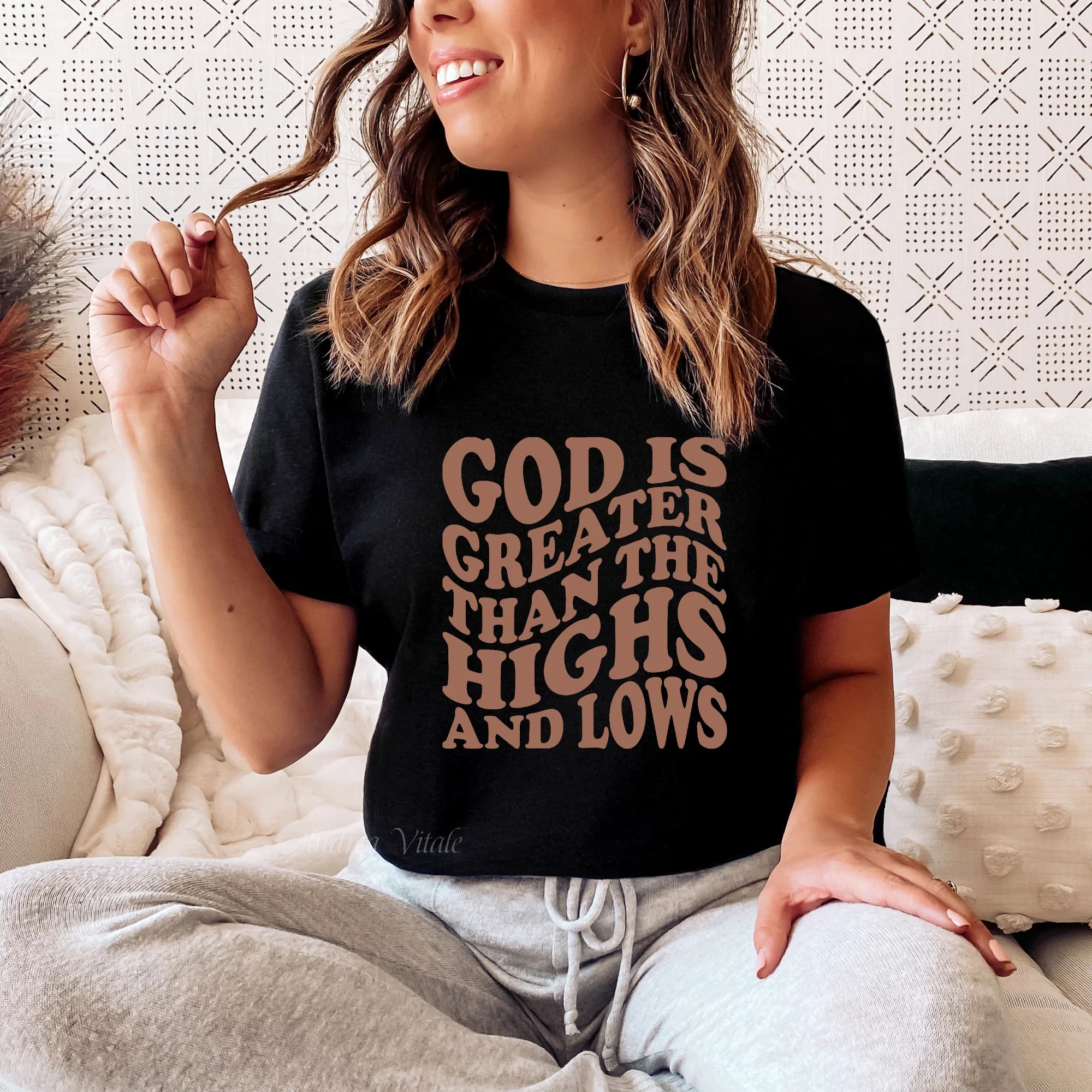 God Is Greater Than The Highs and Lows with Hazelnut Text Wavy - Bella Canvas 3001 Black - Sky Angel Cafe