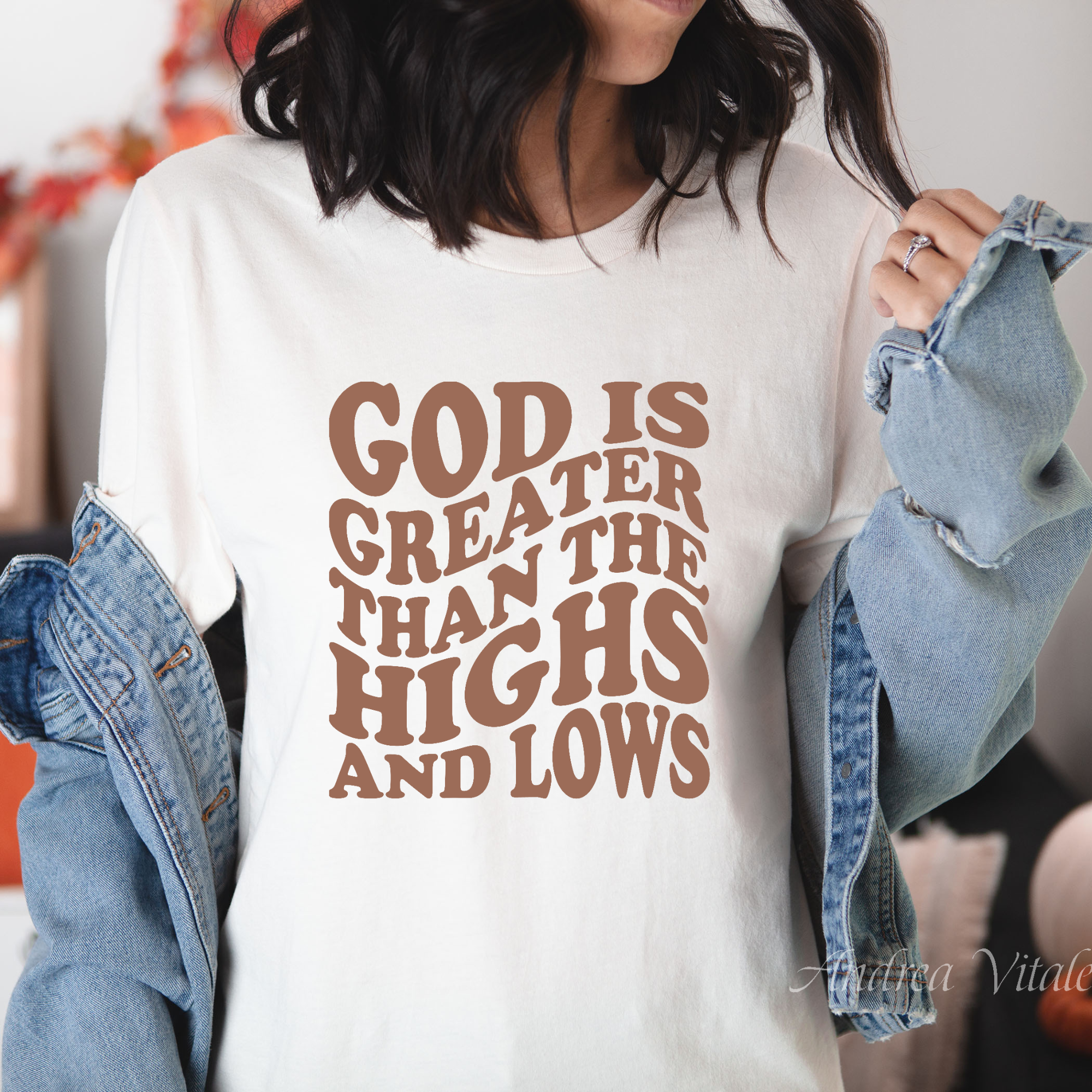 God Is Greater Than The Highs and Lows with Hazelnut Text Wavy - Bella Canvas 3001 Natural - Sky Angel Cafe