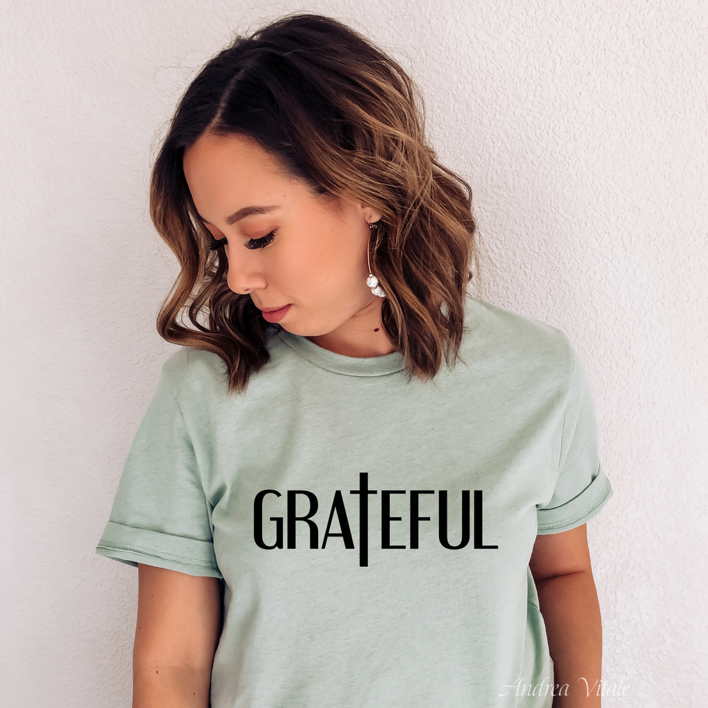 Grateful with Cross with Black Text - Bella Canvas 3001 Heather Dusty Blue - Sky Angel Cafe