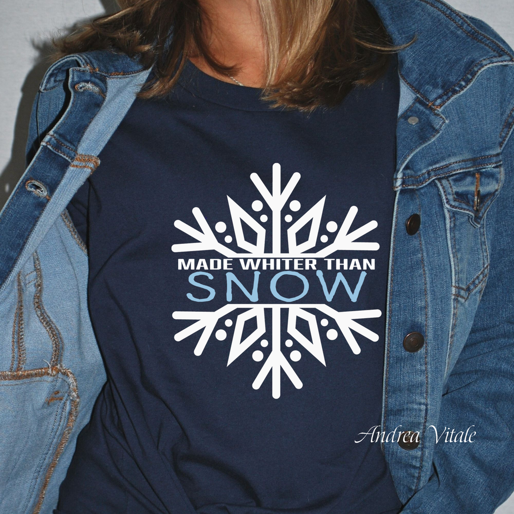 Made Whiter Than SNOW with White and Pale Blue Text_- Bella Canvas Navy - Sky Angel Cafe