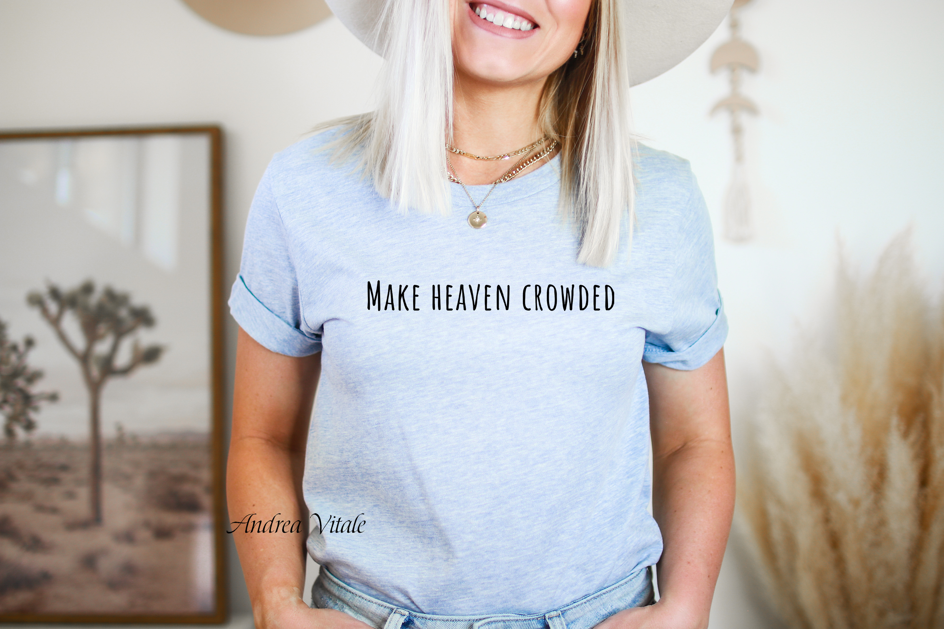 Make Heaven Crowded with Black Text - Bella Canvas 3001 Heather Prism Blue - Sky Angel Cafe