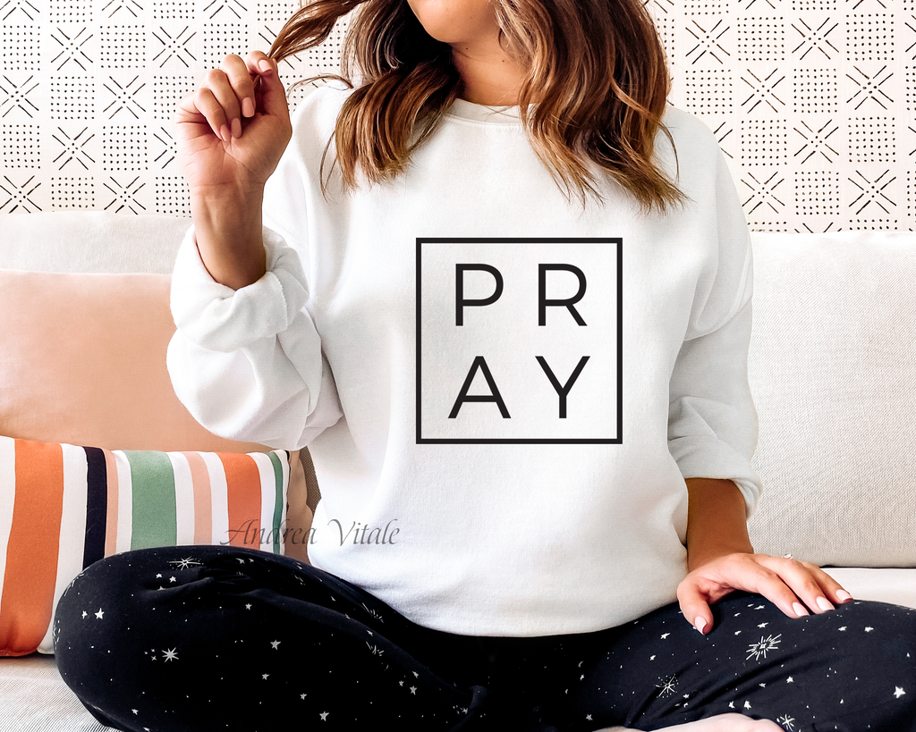 Pray Sweatshirt with Black Text Gildan 18000 White - Sky Angel Cafe