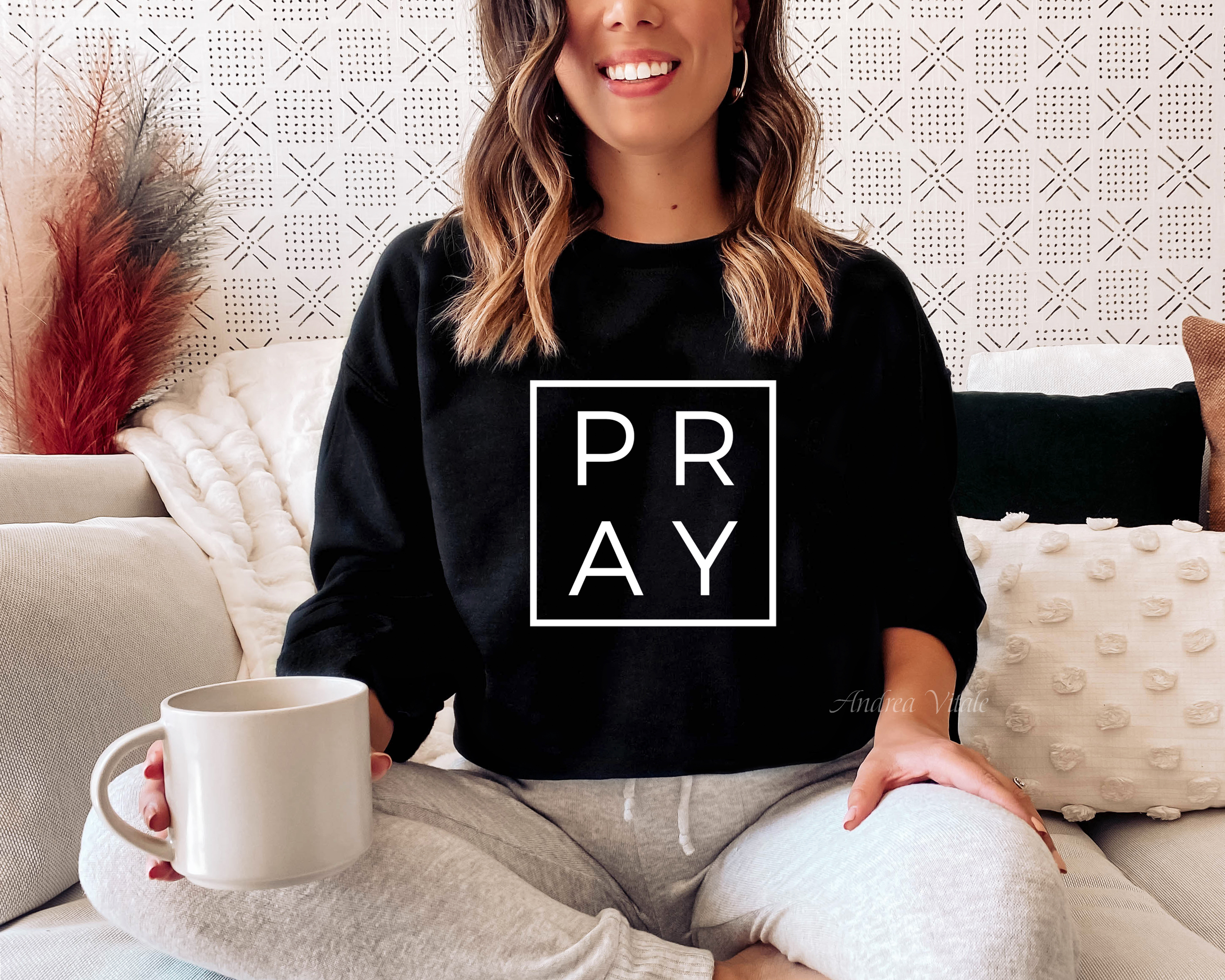 Pray Sweatshirt with White Text Gildan 18000 Black - Sky Angel Cafe