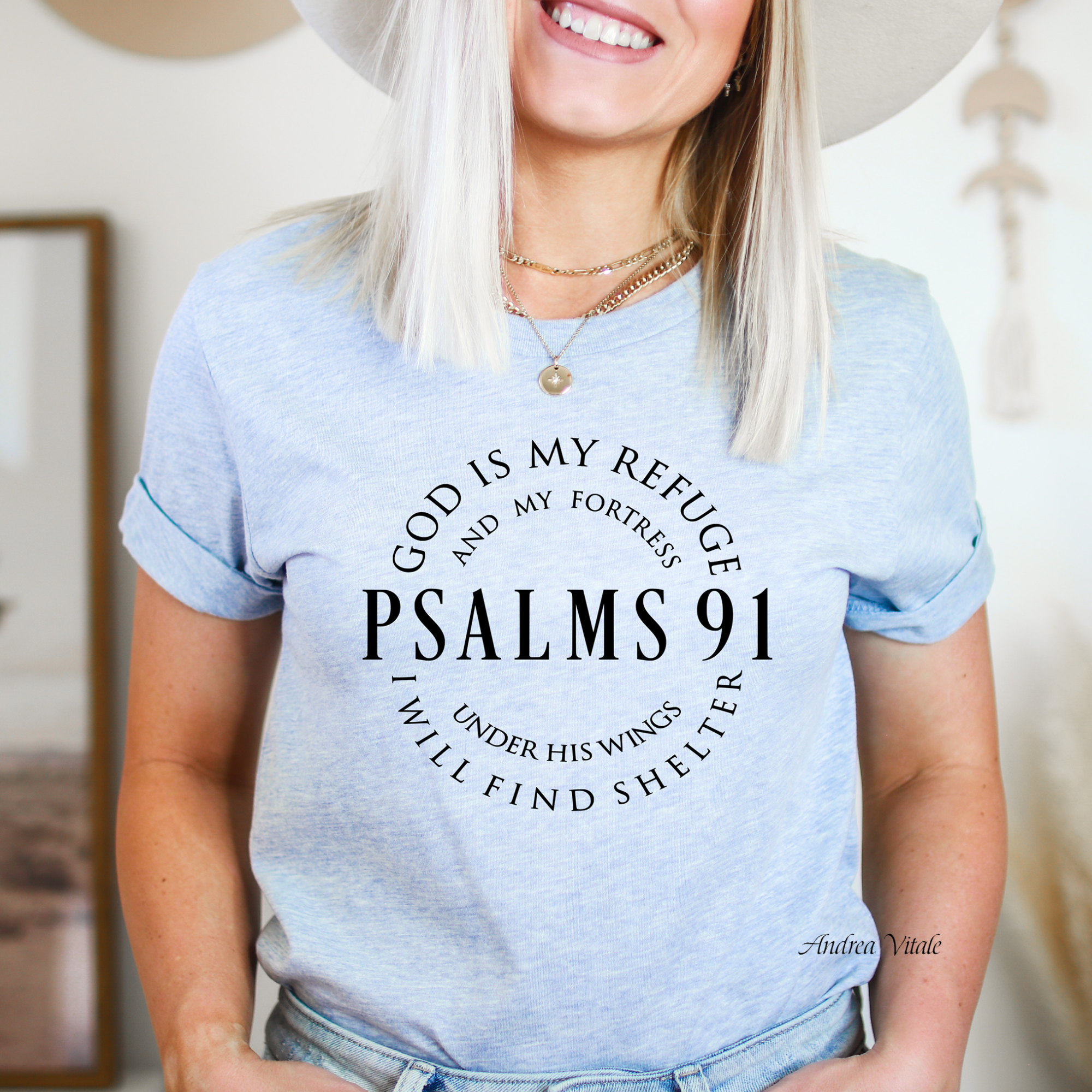 Psalms 91 with Black Bella Canvas 3001 Heather Prism Blue - Sky Angel Cafe