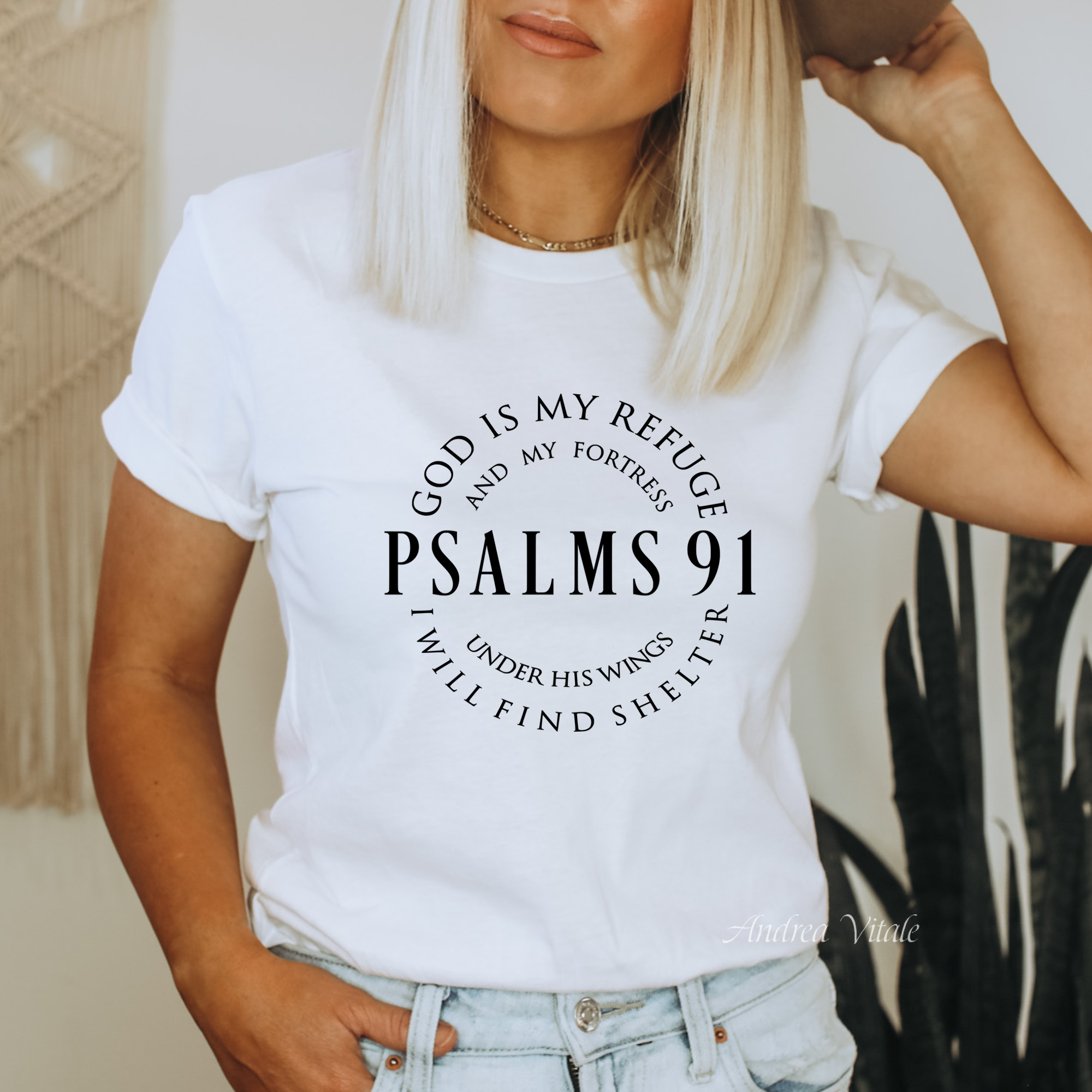 Psalms 91 with Black Text Bella + Canvas 3001 White Sky Angel Cafe