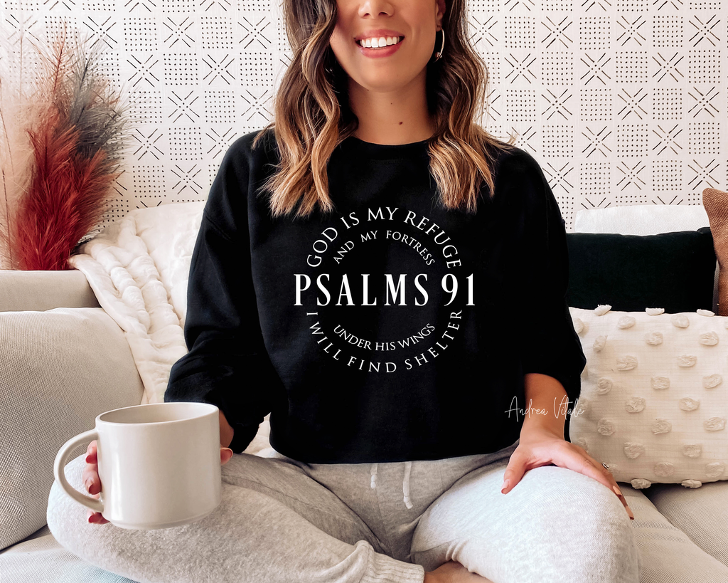 Psalms 91 with White Text - Gildan 18000 Black - Sky Angel Cafe